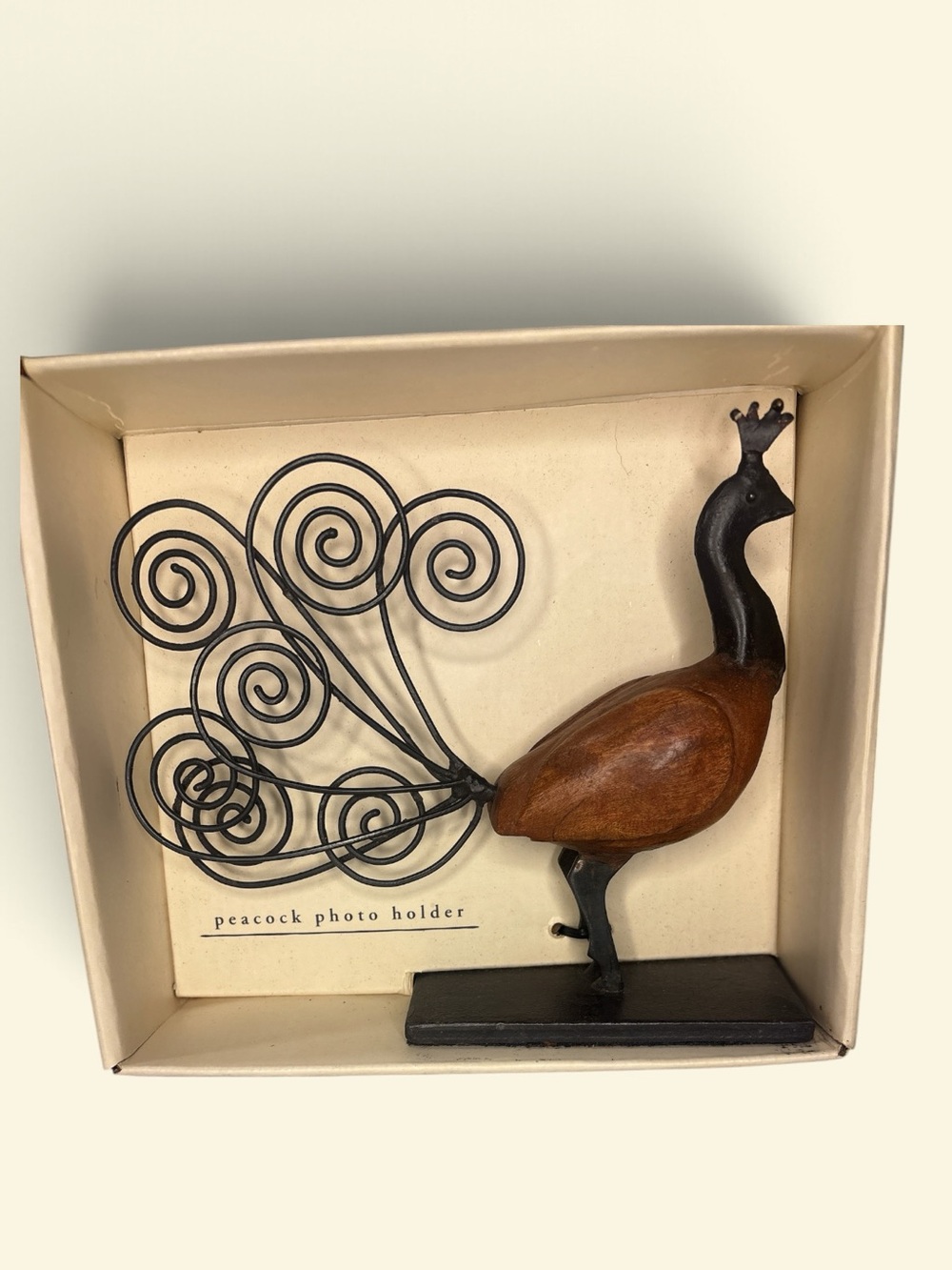Pier 1 Brown Wood and Black Metal Peacock Photo Holder